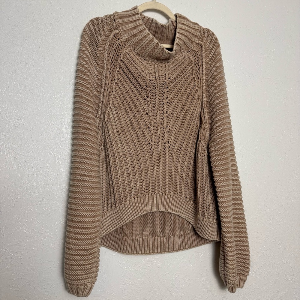 Free People Fisherman Chunky Sand Tan Knit Cowl Neck Sweater‎